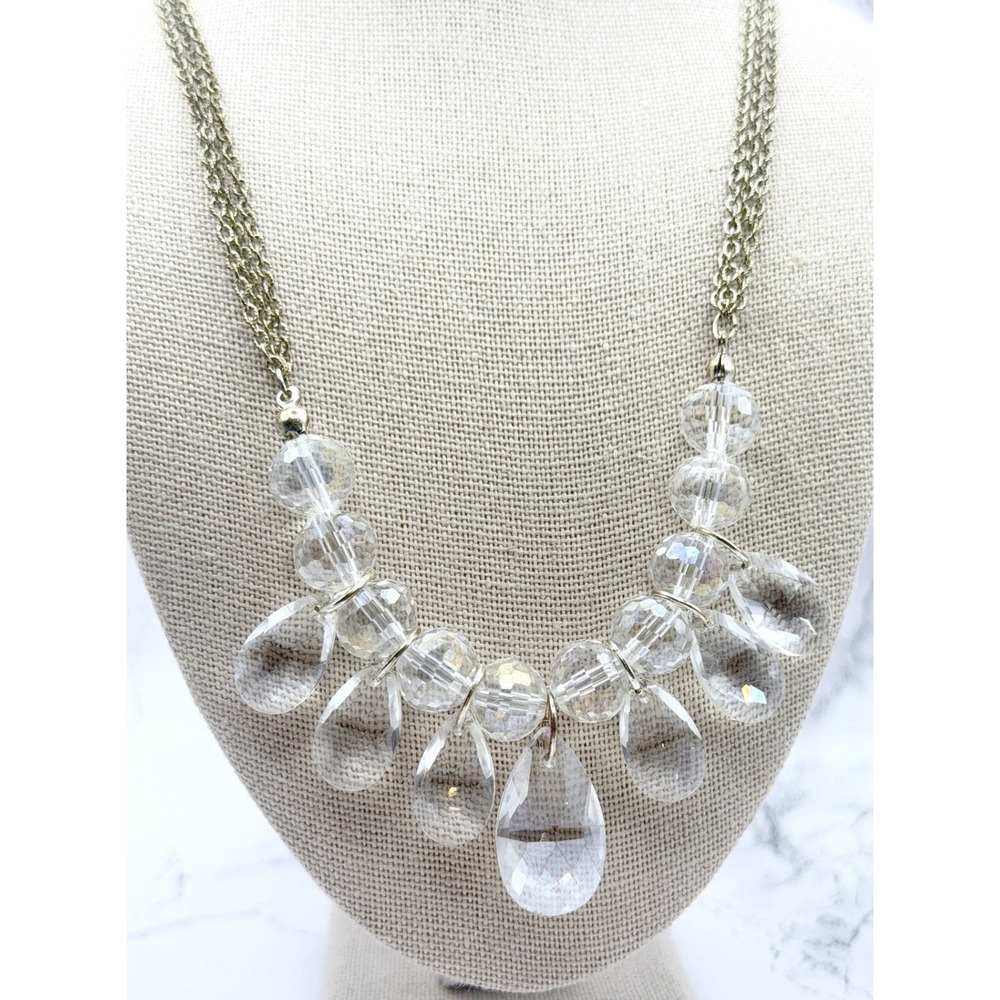 Clear Glass Bib Necklace 3 strand Warm Silver Tone Teardrop Pendant 14-17" VIDEO